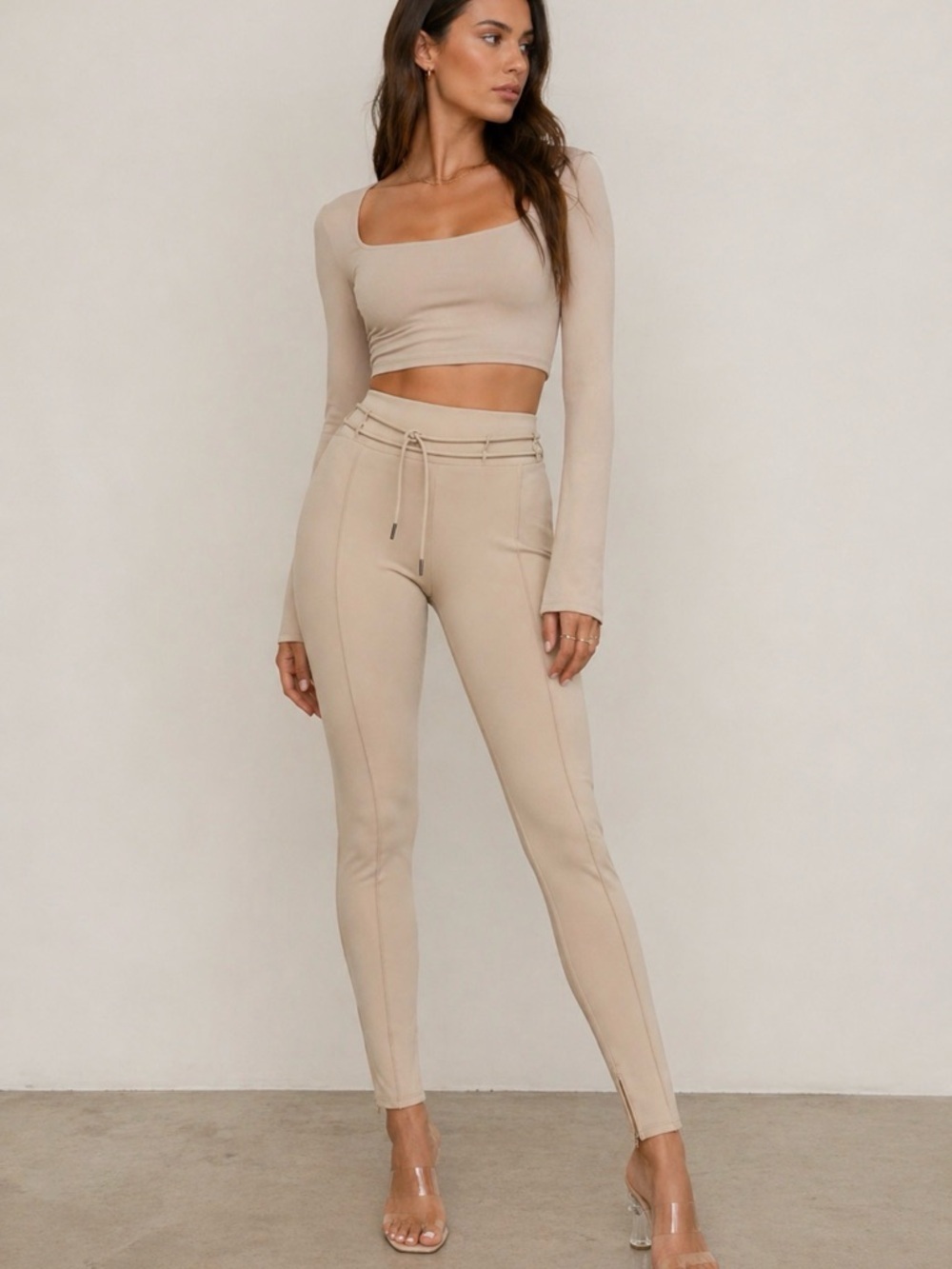 Manière De Voir Beige Neoprene Pintuck Leggings XS High Waist